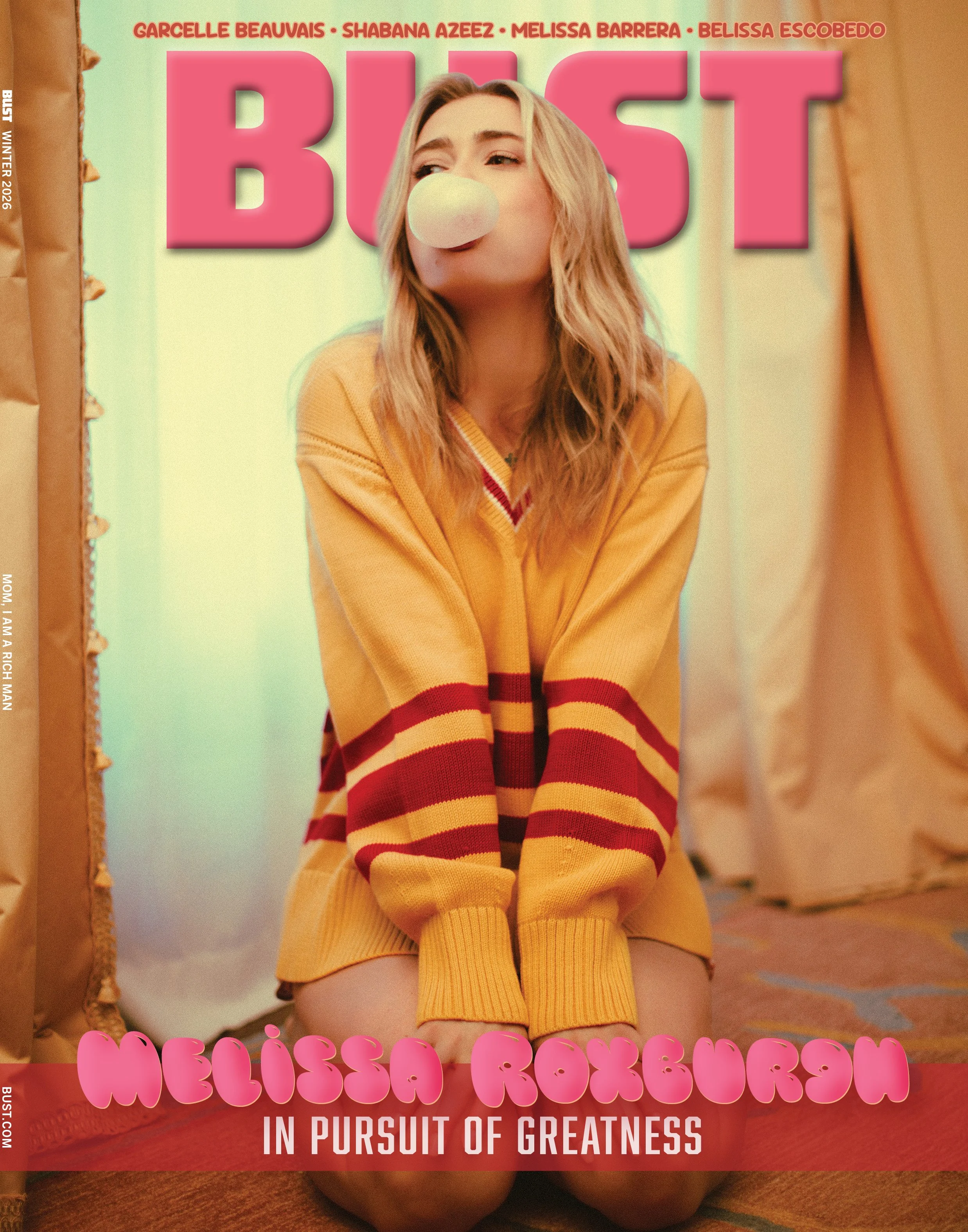 Young woman with blonde hair blowing bubble gum, sitting on the floor in front of a colorful background, wearing a yellow sweater with red and yellow stripes on the sleeves, on the cover of a magazine titled "Bust" featuring Melissa Rookburn in pursuit of greatness.