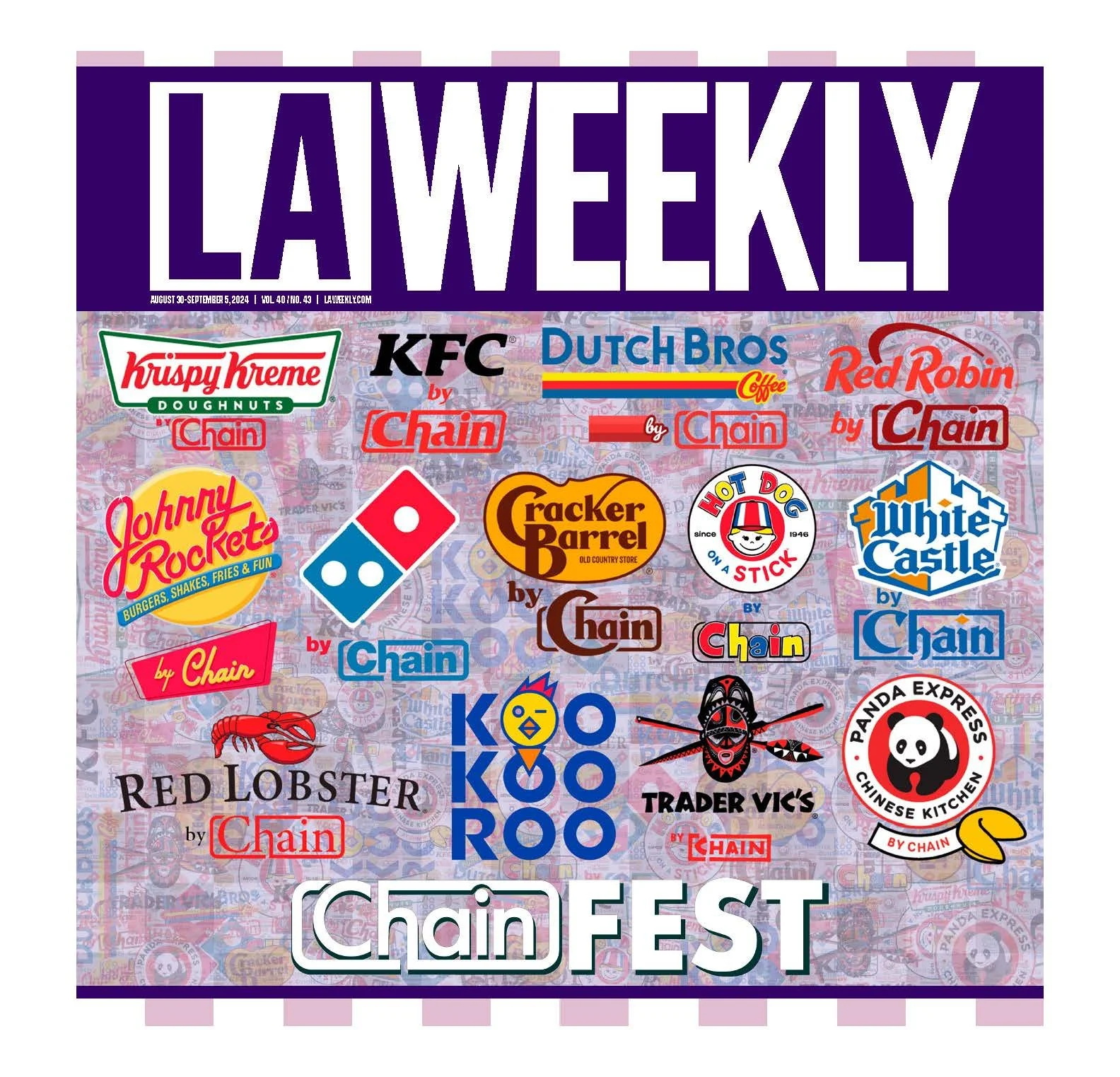 Collage of logos from various chain businesses, including fast food, home goods, and retail companies, with a purple header that reads 'LA Weekly' and a decorative background.