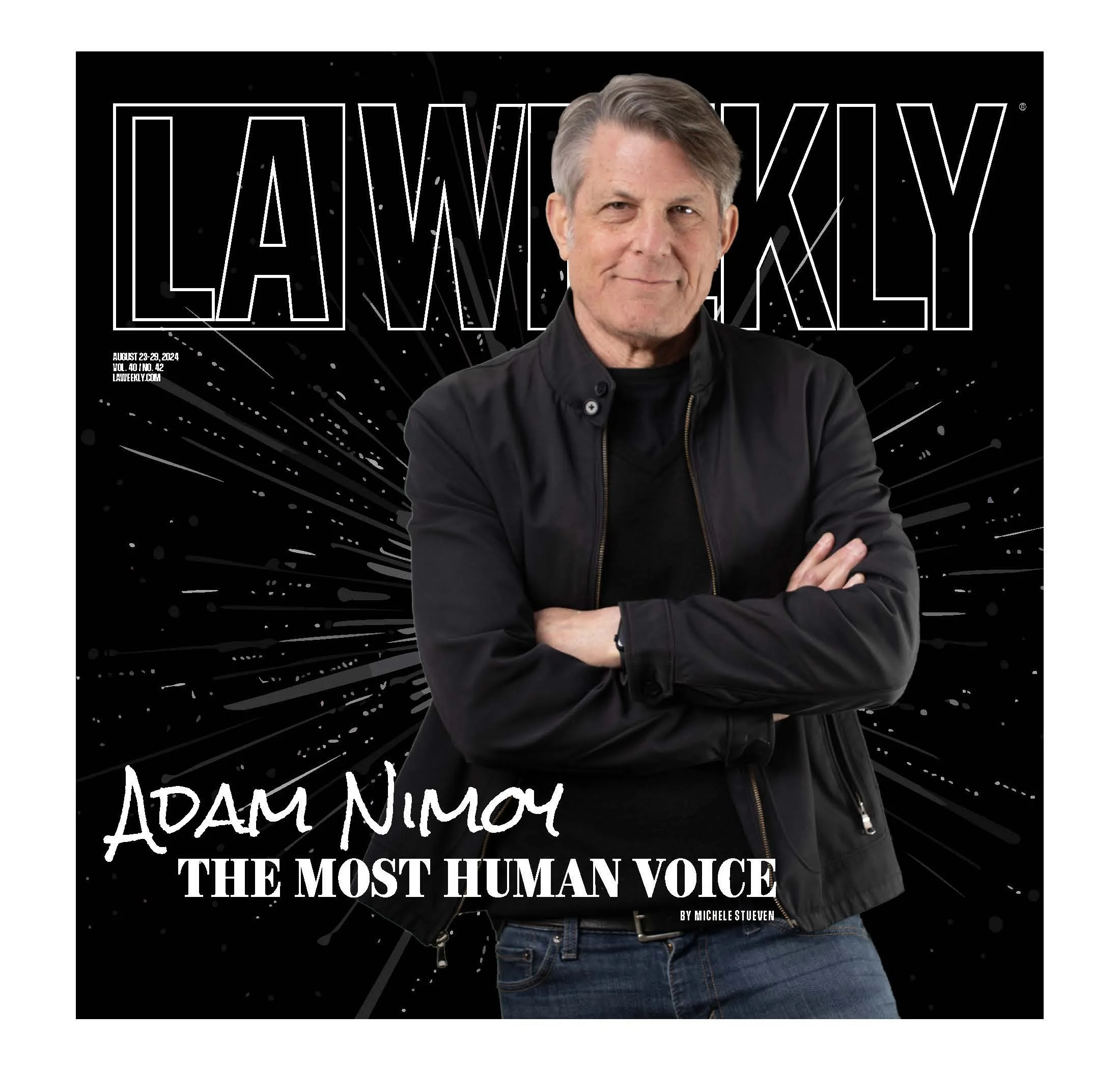Cover of LA Weekly magazine featuring Adam Nimoy with crossed arms, wearing a black jacket, against a black background with white and gray graphic design. Text includes "Adam Nimoy" and "The Most Human Voice."