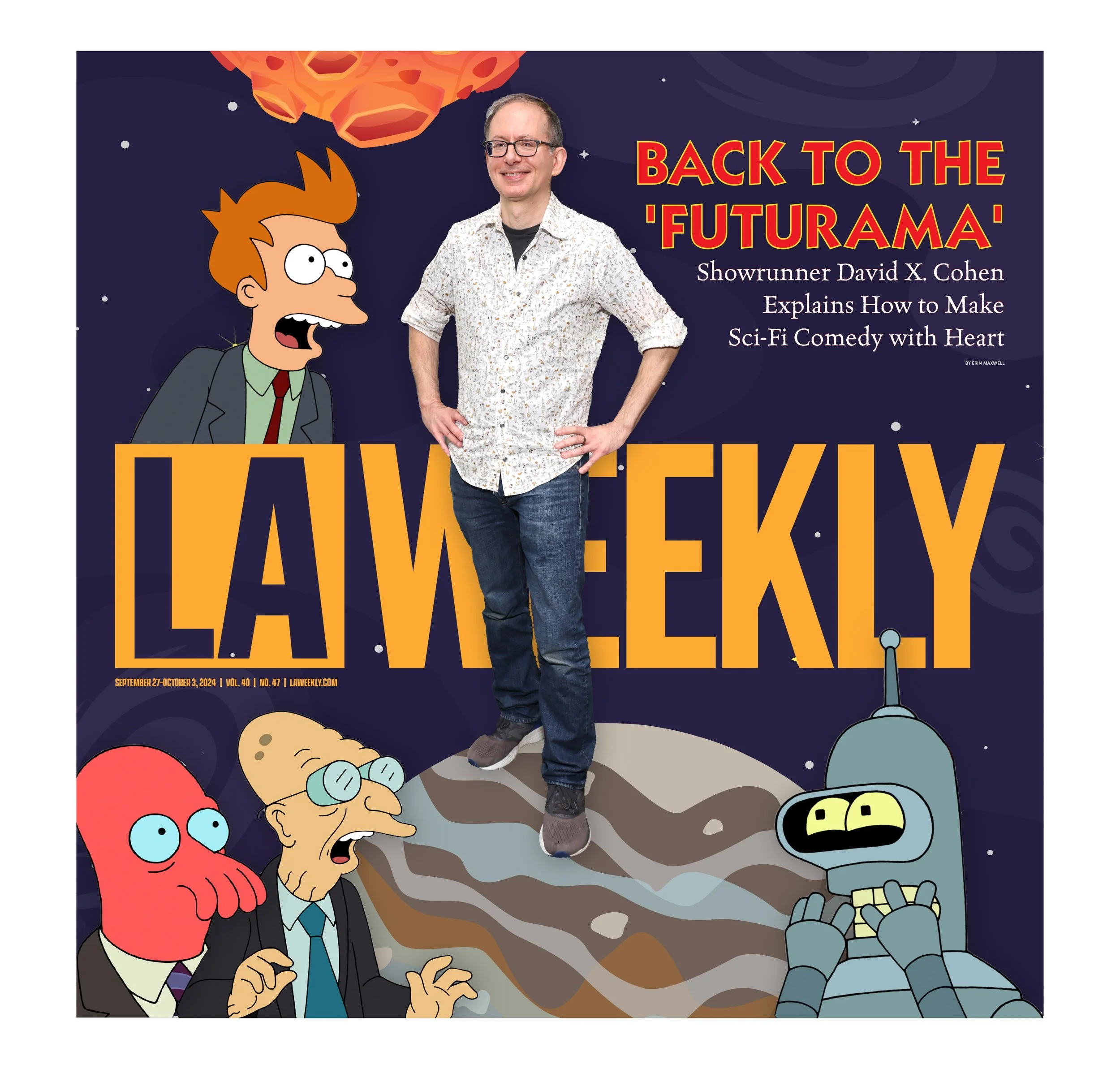 Cover of LA Weekly magazine featuring a person standing on a cartoon depiction of a planetary surface with cartoon characters from Futurama, including Fry, Professor Farnsworth, Bender, and a robot, with text about a showrunner explaining how to make sci-fi comedy.