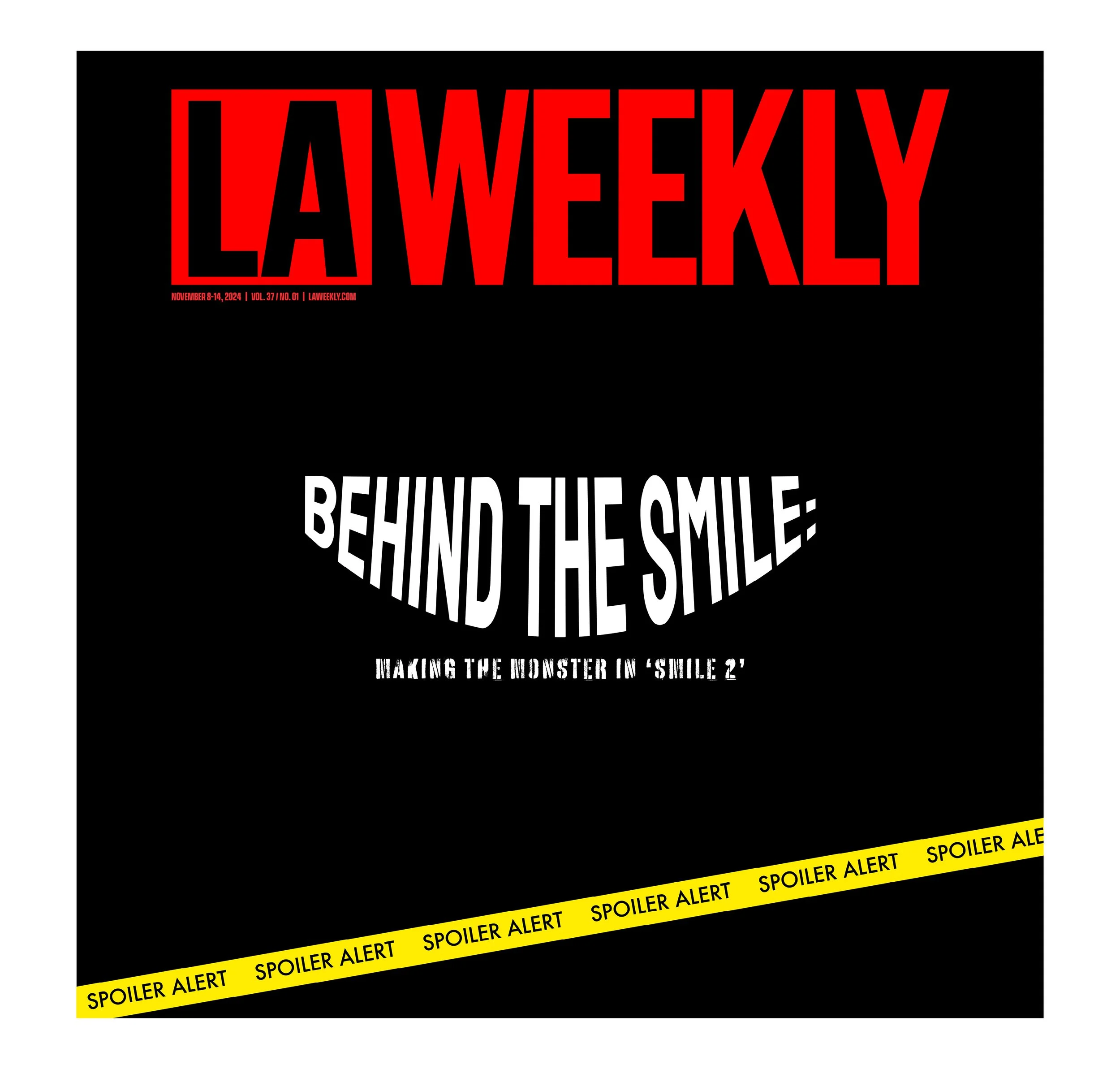 Cover of LA Weekly magazine with a black background, red and white text, and a yellow spoiler alert banner at the bottom.