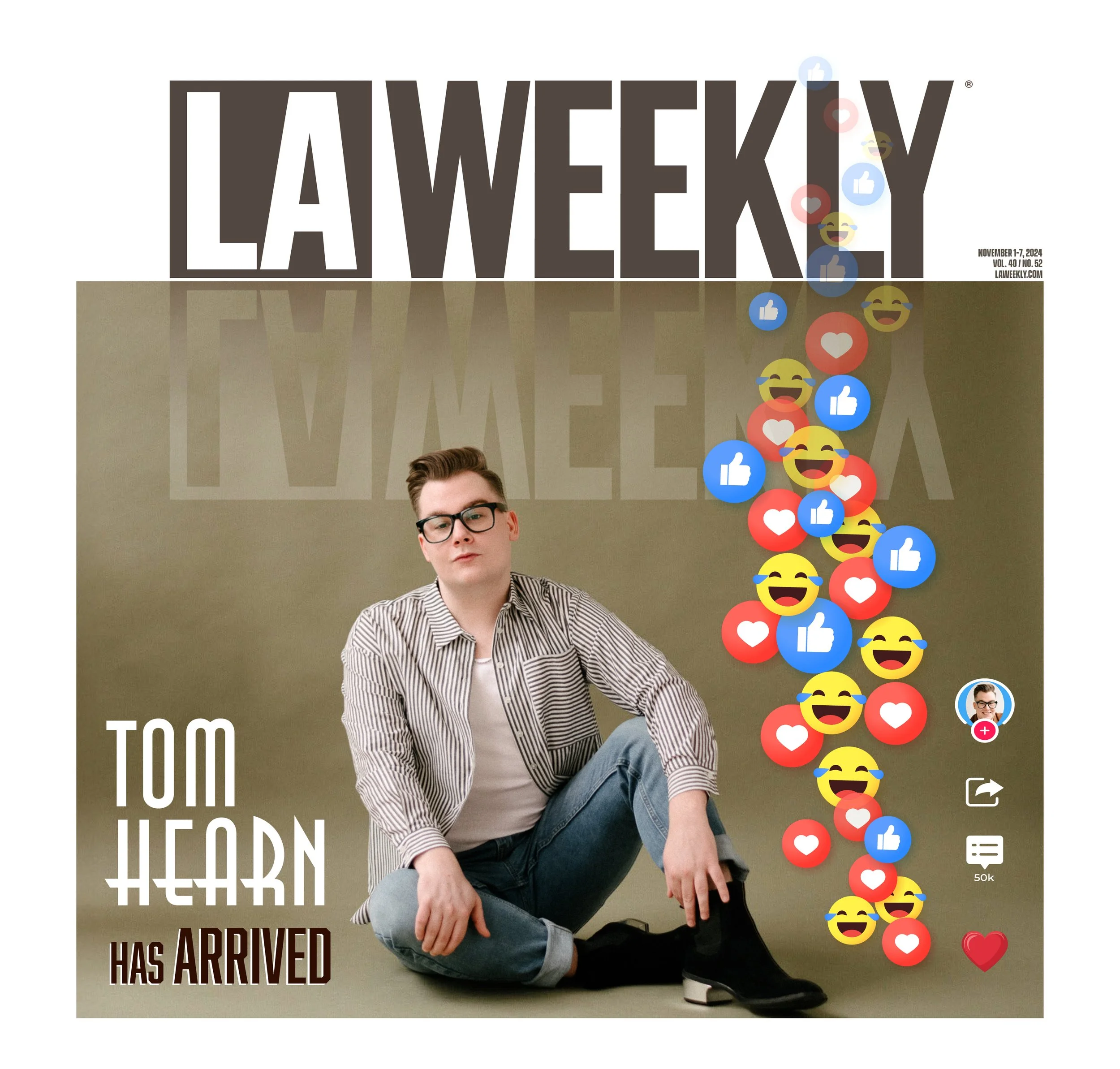 Cover of LA Weekly magazine featuring Tom Hearn sitting on the floor with a neutral expression, surrounded by floating social media reaction icons like thumbs up, hearts, and laughing emojis.