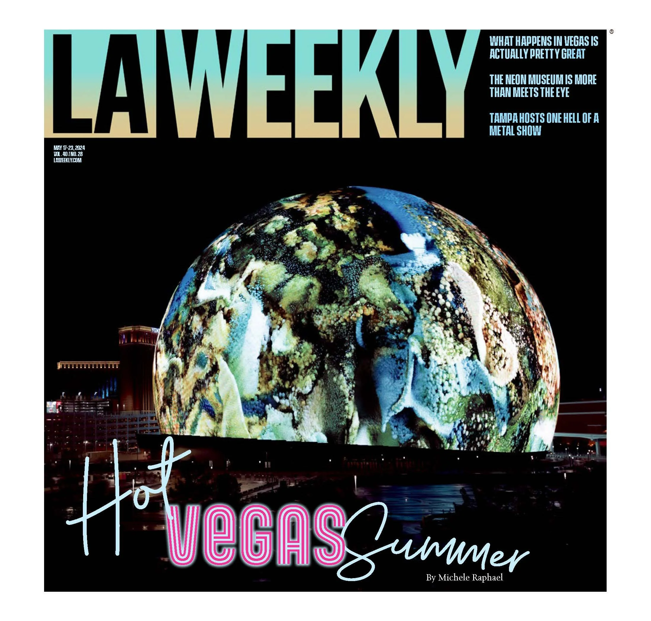 Cover of LA Weekly magazine featuring an illuminated globe with abstract patterns, nighttime cityscape background, with text 'Hot Vegas Summer' and headlines about Las Vegas events.