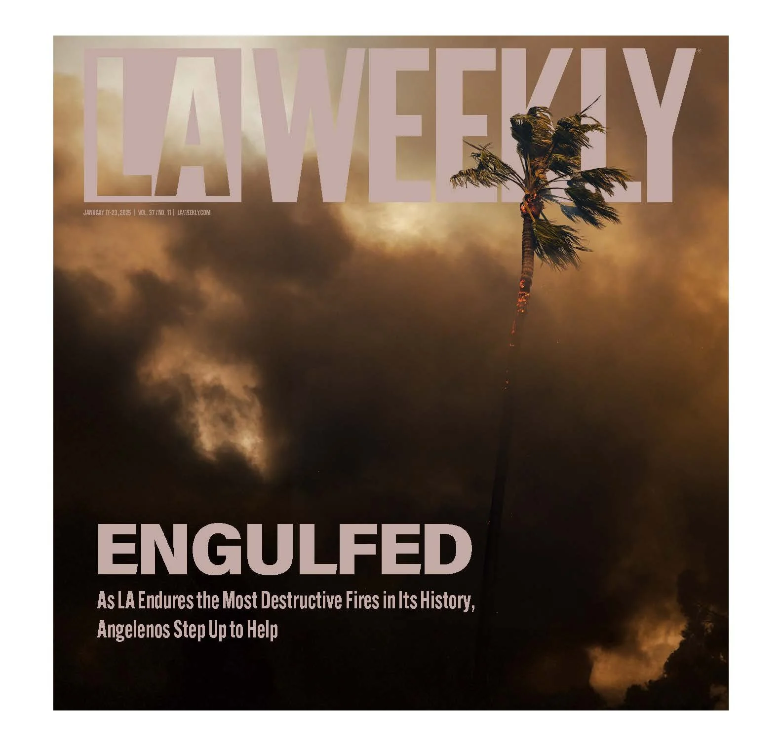 Cover of LA Weekly magazine featuring a palm tree engulfed in flames with dark smoke in the background, headline reads 'ENGULFED' and subheading details wildfire destruction in Los Angeles.