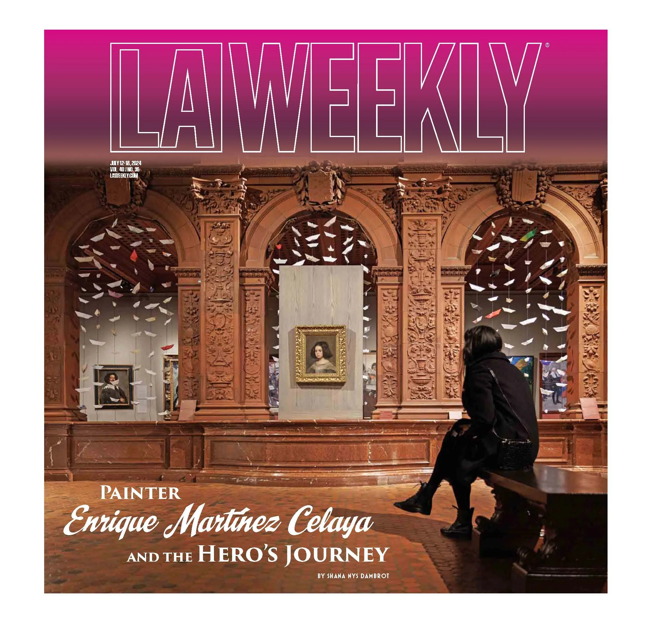 Cover of LA Weekly magazine featuring an art gallery interior with a woman sitting on a bench, ornate architectural details, and framed paintings on the wall.