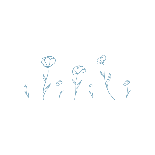 Line drawing of various flowers of different sizes with stems and leaves, on a black background.
