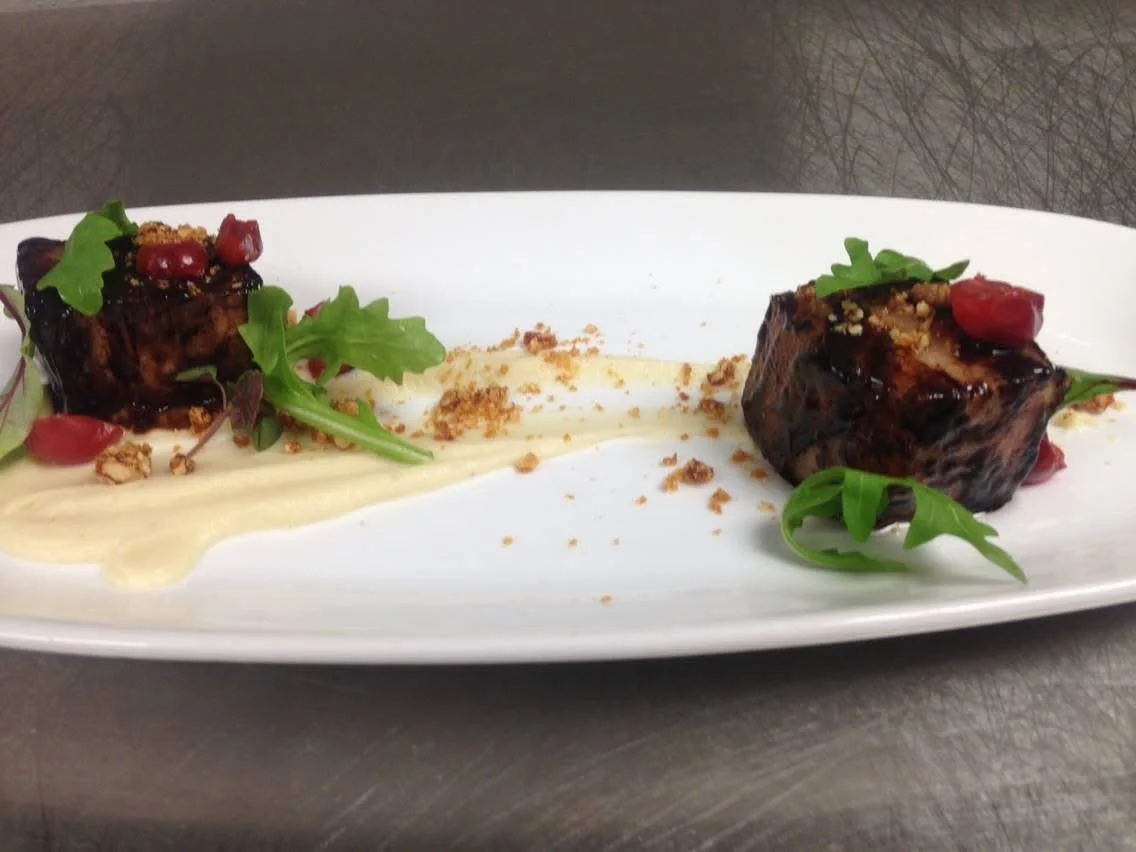 Braised Pork Belly, Chocolate Stout, Brown Butter Parsnip Puree, Pickled Cherries, Hazelnut Brittle