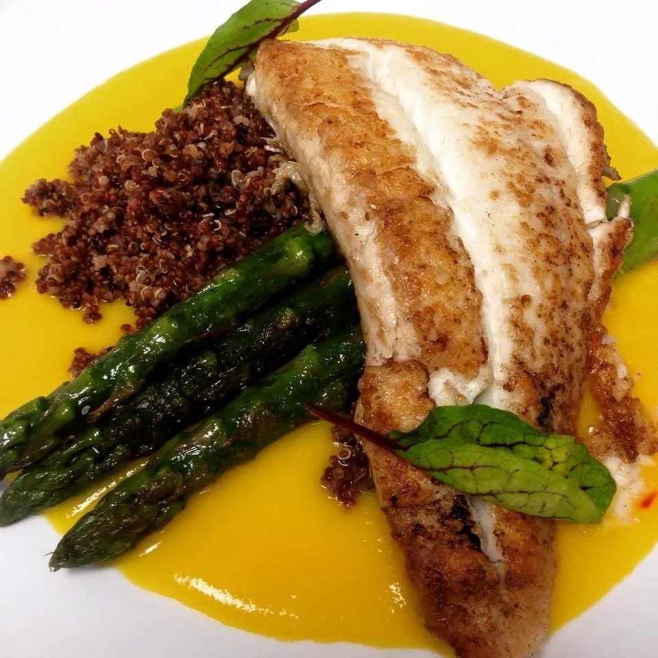 Whitefish, Red Quinoa, Asparagus, Saffron and Yellow Pepper Puree