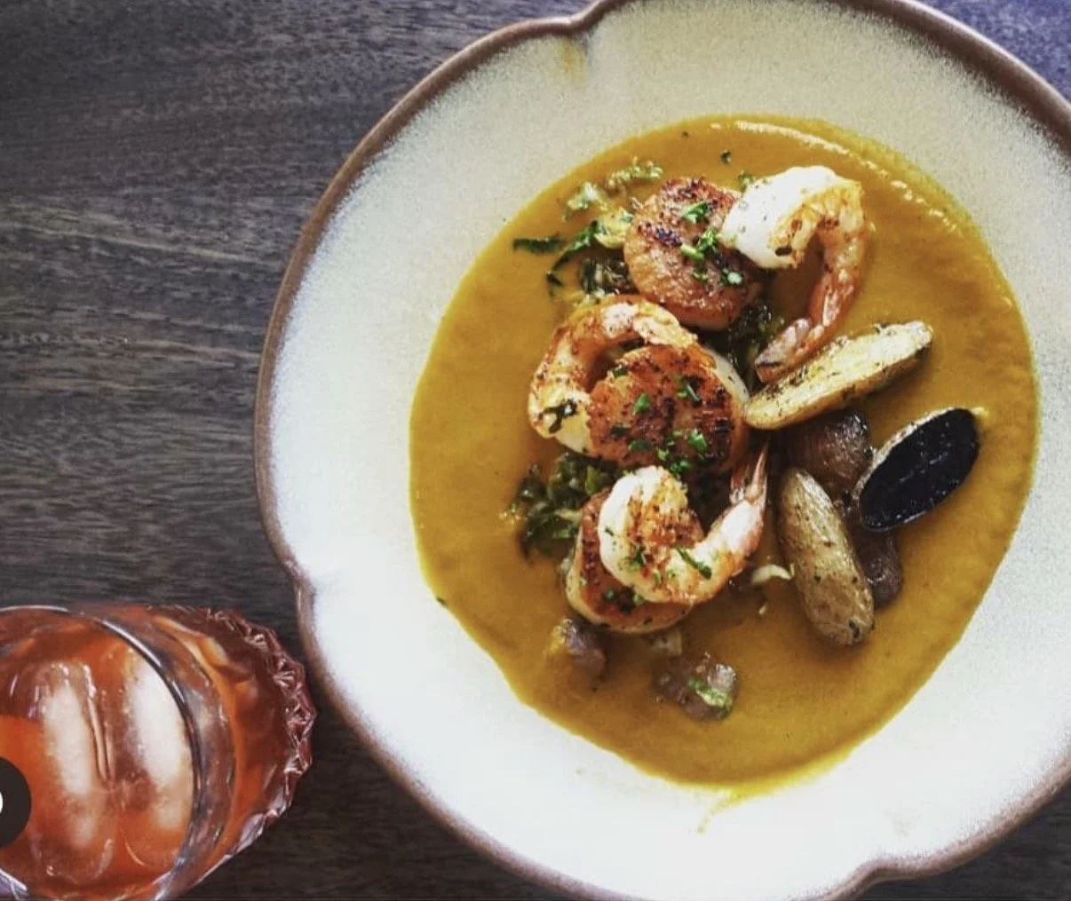 Scallops and Shrimp, Fingerling Potatoes, Brussel Sprouts, Saffron Emulsion