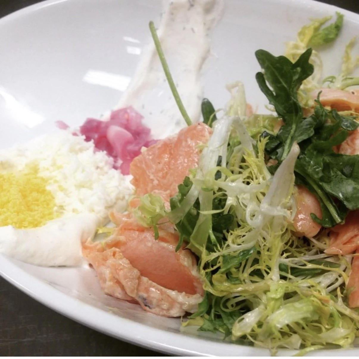Smoked Salmon, Dill Creme, Grated Egg, Pickled Onion
