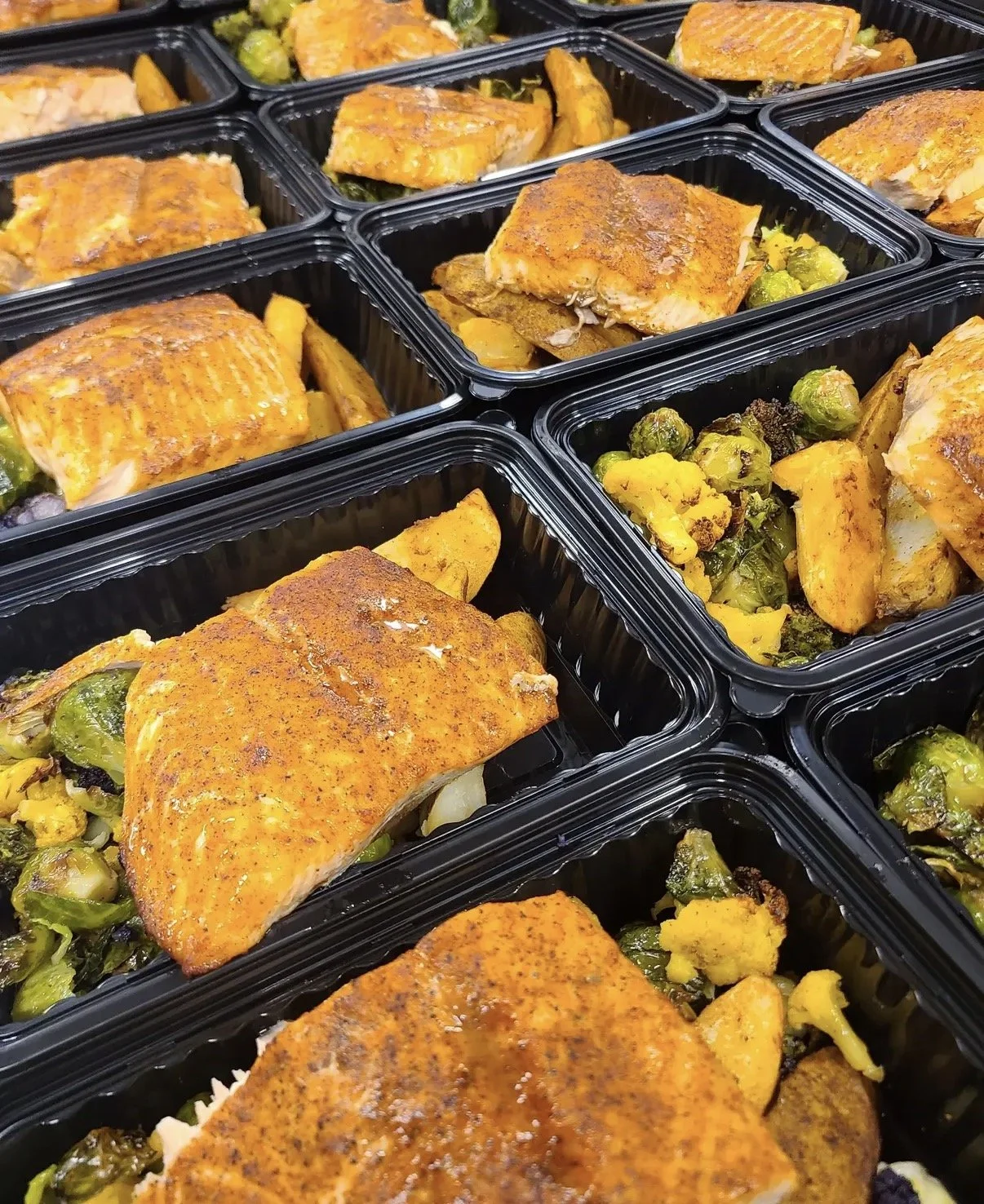 BBQ Rubbed Salmon, Potato Wedges, Honey Cider Glazed Brussel Sprouts, Cauliflower
