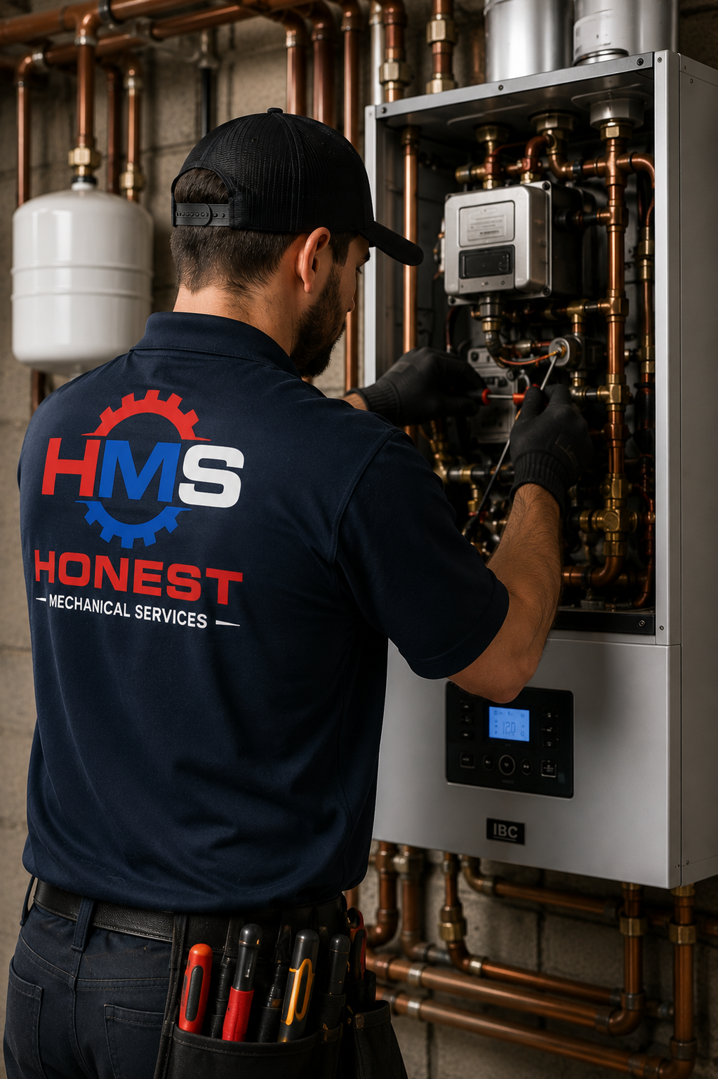 A technician working on a mechanical device with copper pipes, wearing a shirt with 'HMS Honest Mechanical Services' logo, black gloves, and a tool belt, in an industrial setting.