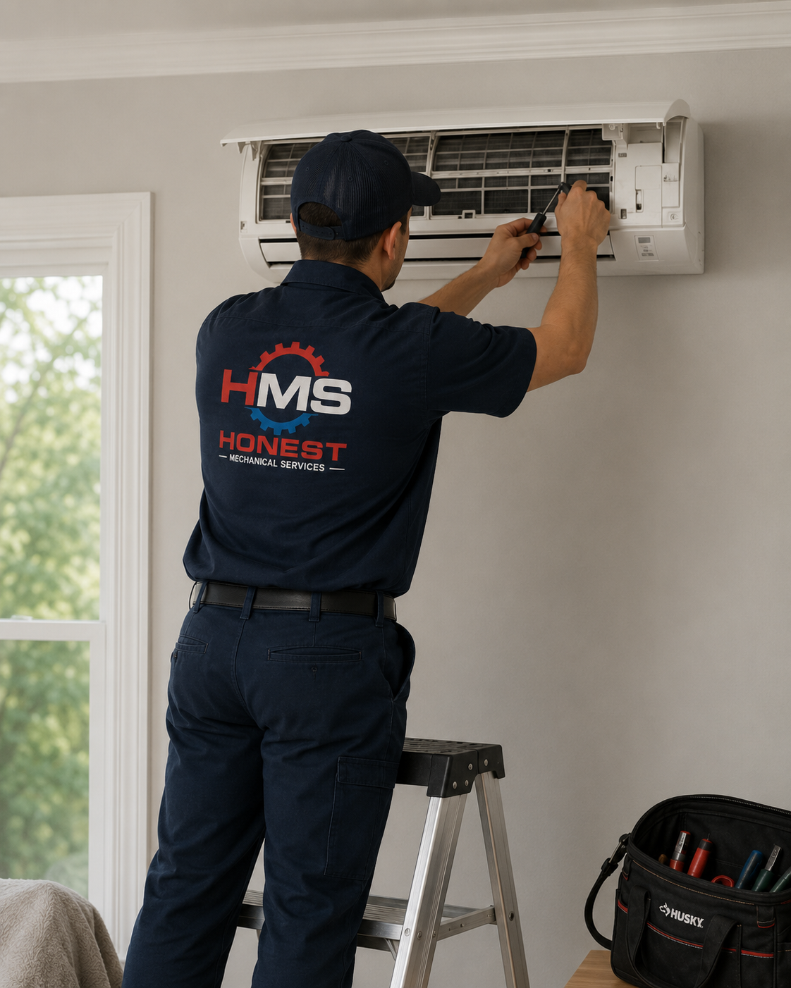 A technician repairing an air conditioner mounted on a wall in a residential setting.