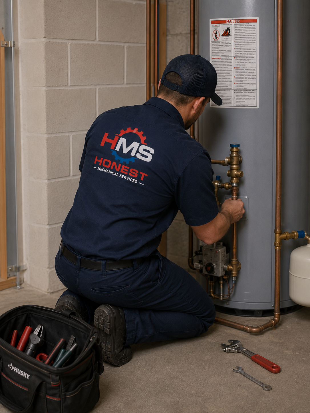 A technician kneeling on the floor repairing a water heater, wearing a uniform with the logo 'HMS Honest Mechanical Services'. Tools are on the floor nearby, and the worker is working on pipes connected to the water heater.