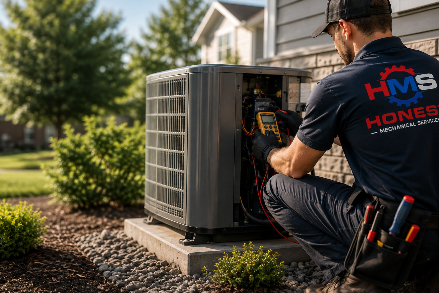 HVAC technician inspecting an outdoor air conditioning unit with a digital multimeter, kneeling beside it on a concrete slab.
