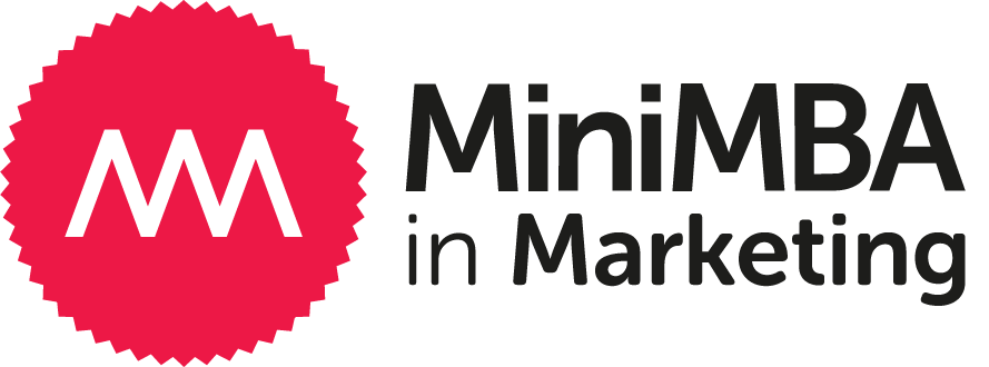 Logo for MiniMBA in Marketing featuring a red circular emblem with black stylized 'MM' letters and black text reading 'MiniMBA in Marketing'.
