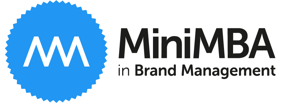 Logo for MiniMBA in Brand Management, featuring a blue badge with three stylized 'M' letters and black text.