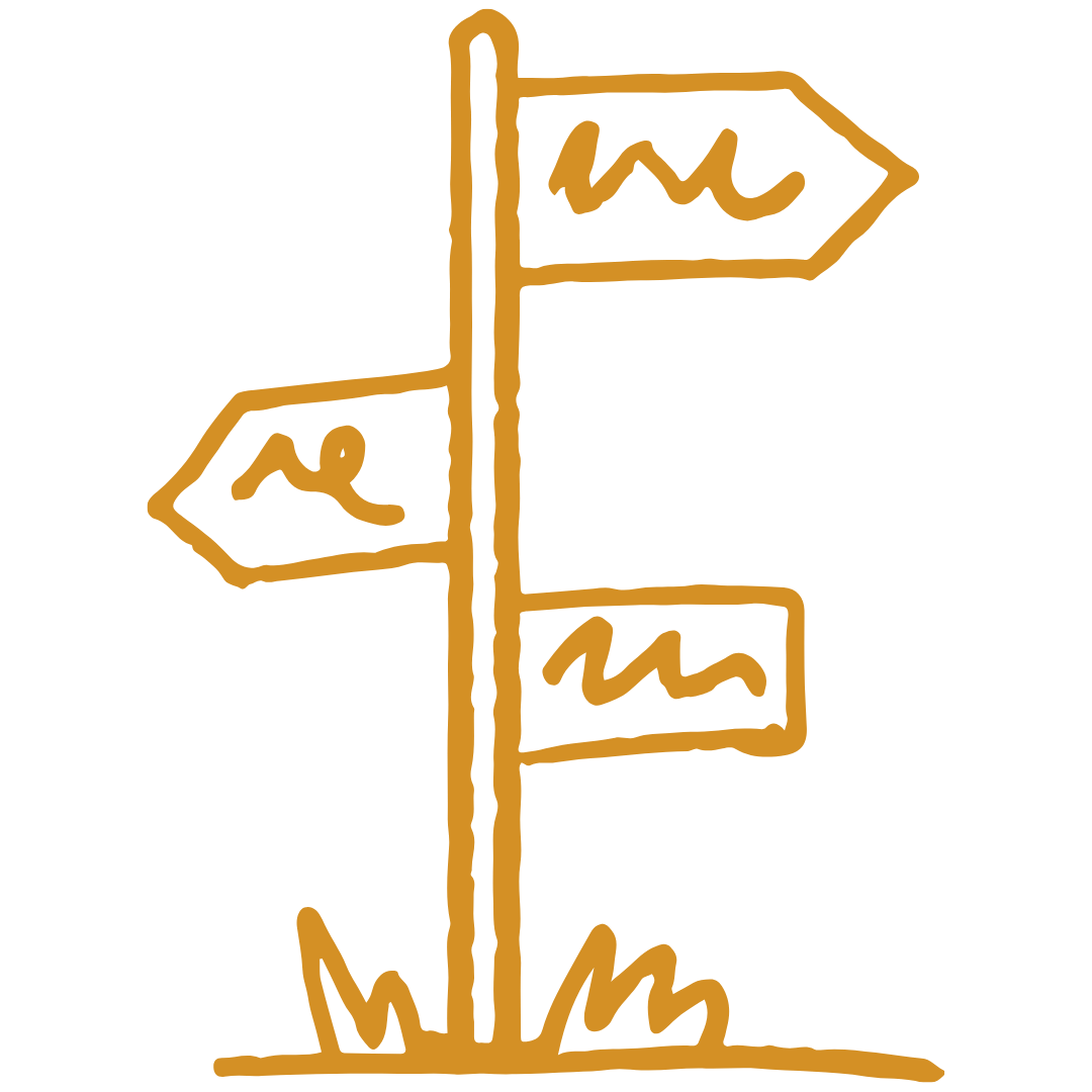 Hand-drawn signpost with four directional arrows.