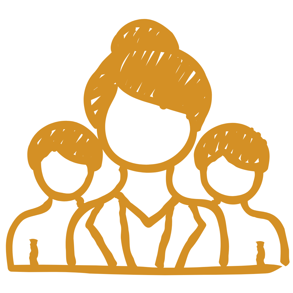 Outline drawing of three people with the middle person positioned in front, showing it is a woman with a bun hairstyle, flanked by two smaller figures, possibly children or smaller adults.