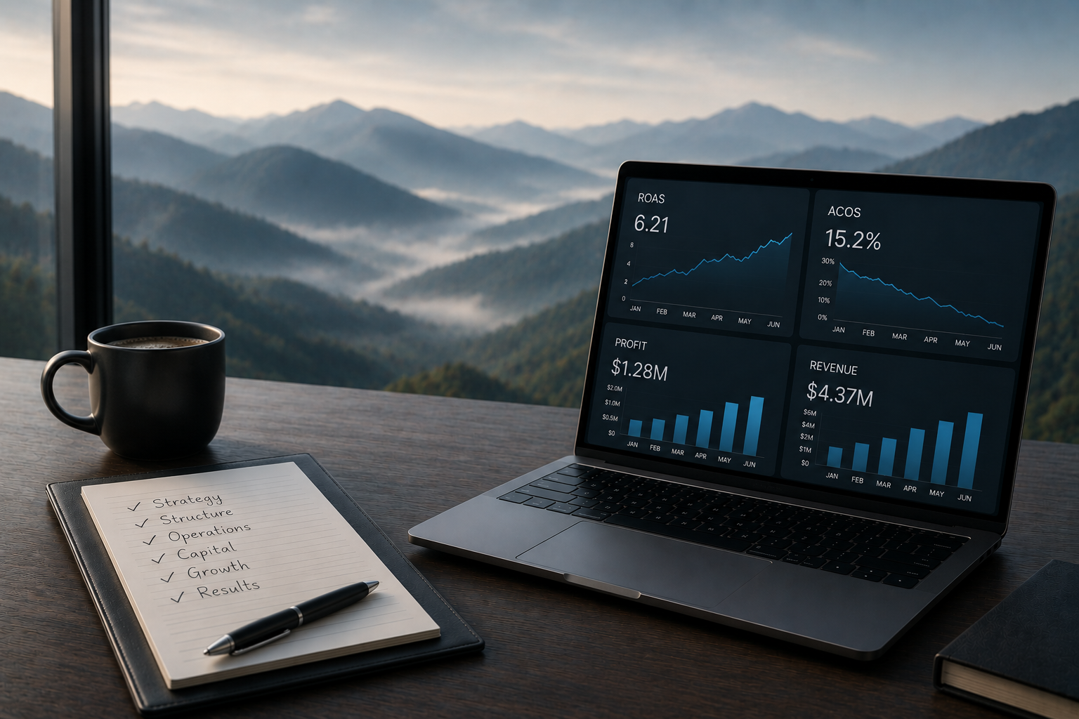 Laptop displaying financial charts and statistics, a notebook with business notes, a pen, a coffee mug, and a scenic mountain view through a window.