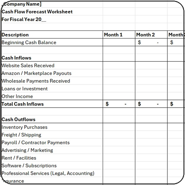 Cash Flow Projection Template for e-commerce businesses to forecast cash inflows and outflows, anticipate future cash needs, and identify potential shortfalls before they affect business operations.