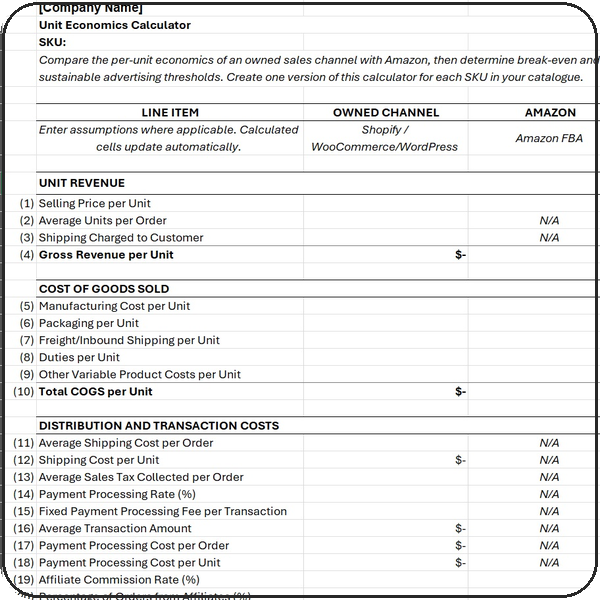 Unit Economics Calculator for e-commerce businesses to evaluate revenue, cost of goods sold, fees, advertising costs, and contribution margin at the product level to understand whether each sale is actually profitable.