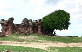 A landscape with ancient ruins, a green tree, and a person sitting under the tree on a grassy area.