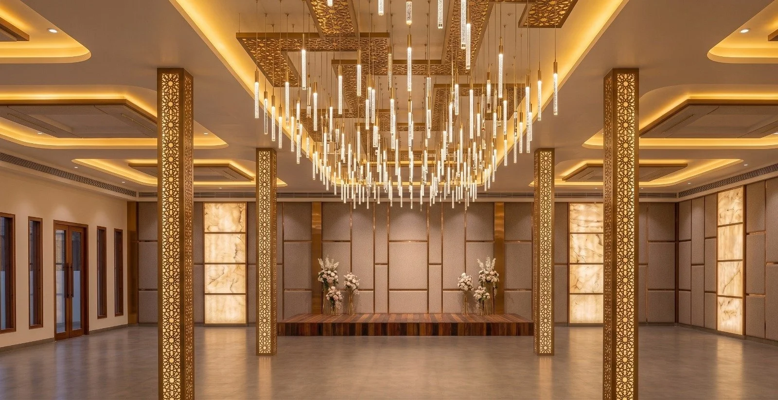 Elegant, spacious banquet hall with warm lighting, hanging pendant lights, decorative gold panels, and floral arrangements on a wooden stage.