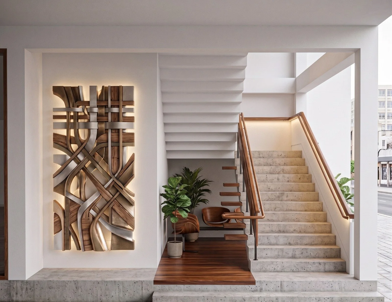 Modern interior with staircase, wooden accents, green plants, and contemporary art on the wall.