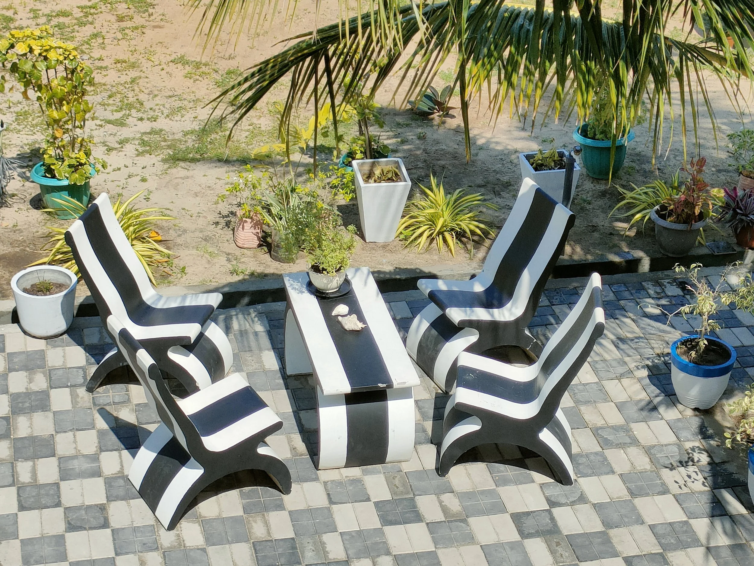 Outdoor patio scene with black and white striped chairs around a small table, various potted plants, and a sandy area with more plants in the background.