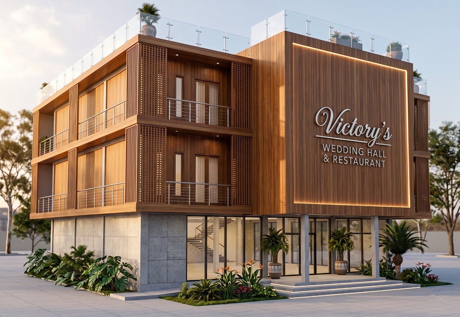 A modern three-story building with wooden exterior and glass balconies, designated as Victory's Wedding Hall & Restaurant, with outdoor plants and a concrete entrance.