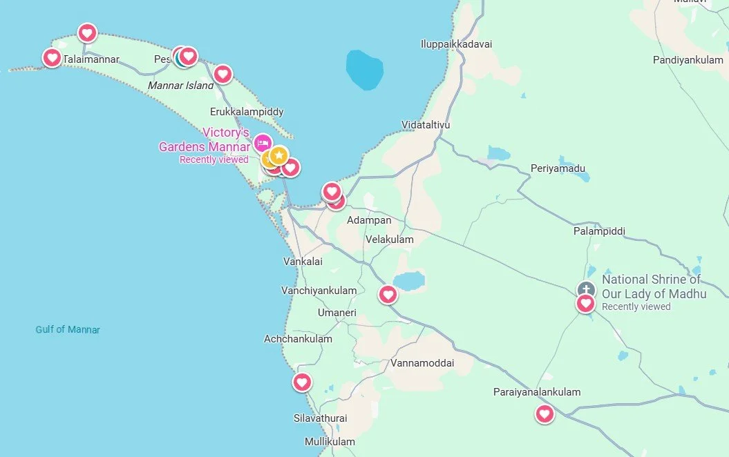 Map highlighting points of interest near Mannar Island, Sri Lanka including Victory's Gardens Mannar and the National Shrine of Our Lady of Madhu, with icons indicating views and reviews.