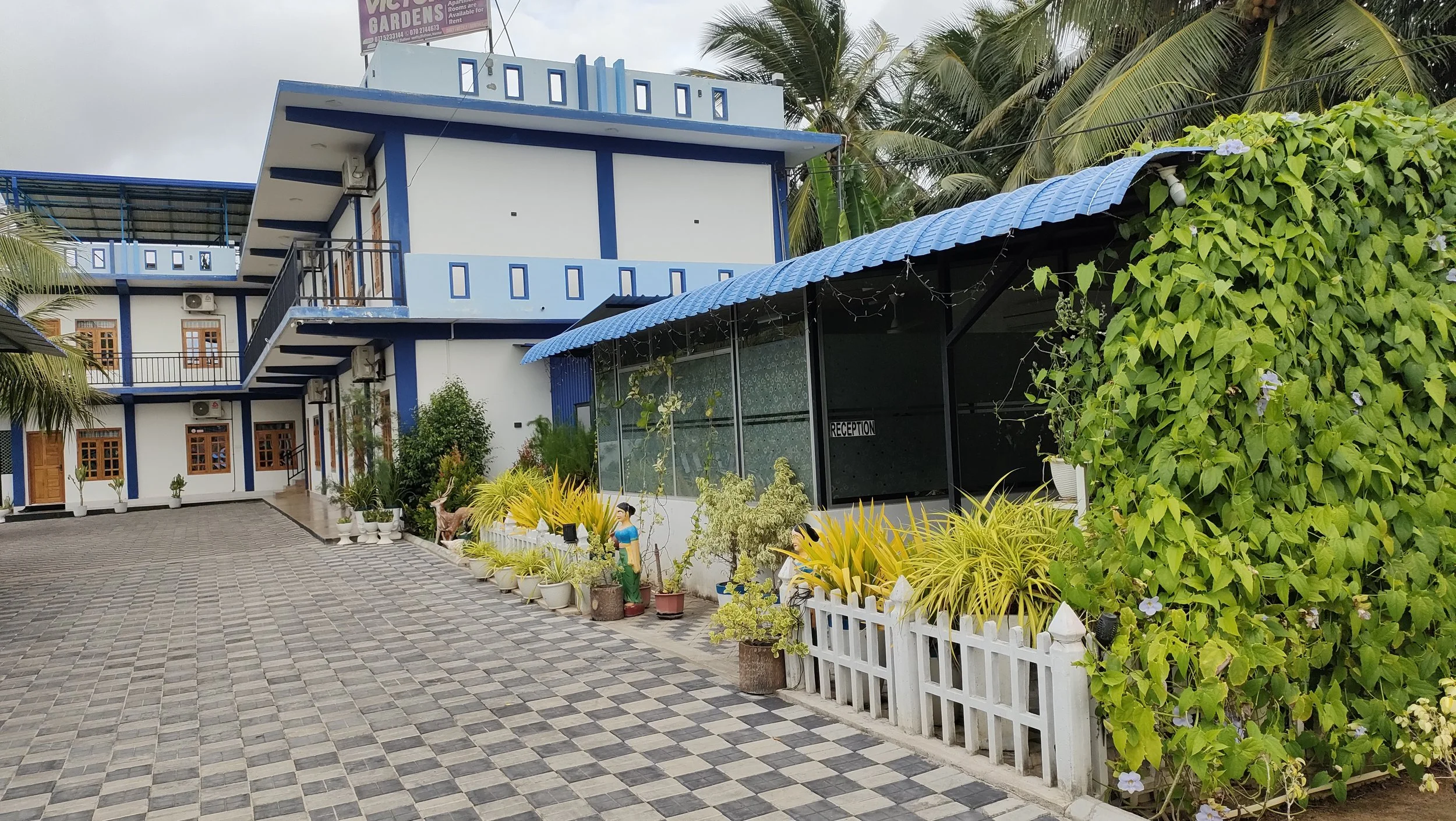 Exterior view of a building with white walls and blue accents, surrounded by various green plants, small statues, and potted plants, with the word 'RECEPTION' on a glass door and a paved courtyard in the foreground.