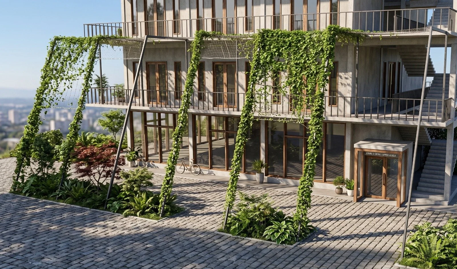 Modern multi-story building with large glass windows, green climbing plants on vertical supports, potted plants outside, bicycles, and an outdoor cobblestone area.
