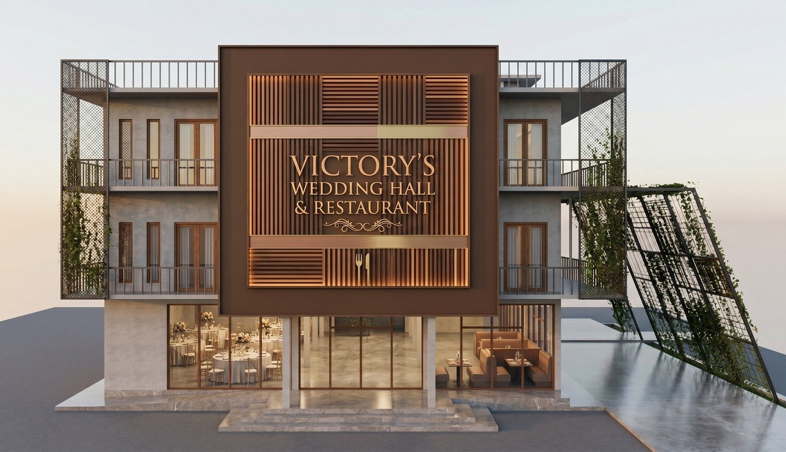 A modern hotel building with a large sign that reads 'Victory's Wedding Hall & Restaurant' on the front.