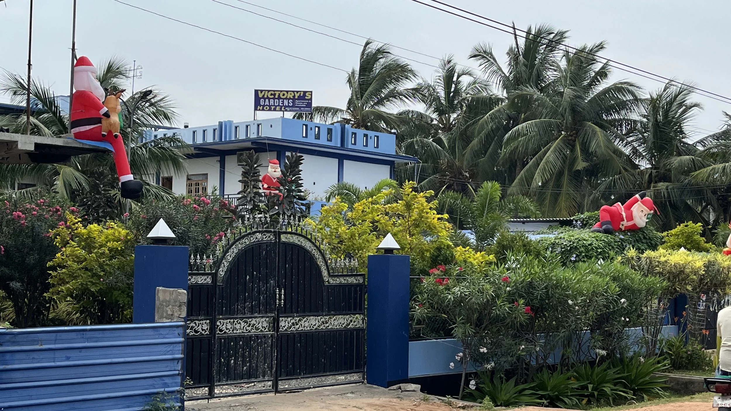 A house decorated for Christmas with inflatable Santa Claus figures on the roof and yard, surrounded by lush green plants and trees, with a sign for Victory's Gardens Hotel in the background.