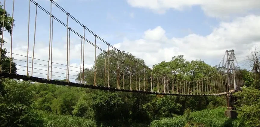 Suspension bridge over a green forested area with a cloudy sky.
