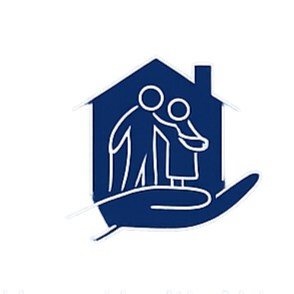 A hand holding a house with a family inside, including two adults and a child, symbolizing housing or home care.