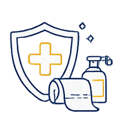 A medical shield with a cross symbol, a spray bottle, a rolled towel, and a bottle of disinfectant, indicating health and hygiene protection.