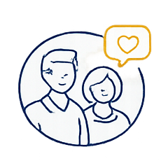 Drawing of a man and woman with a speech bubble containing a heart above their heads.