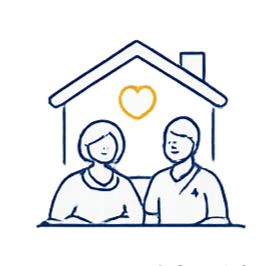 A line drawing of two people sitting together inside a house with a heart-shaped picture on the wall behind them.