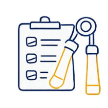 Checklist on clipboard with three tick boxes, magnifying glass, and paintbrushes.