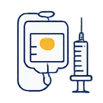 Illustration of a medical IV bag connected to a syringe.