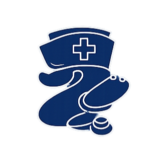 A stylized cartoon of a blue hand with a nurse's cap and a medical cross, holding a stethoscope.