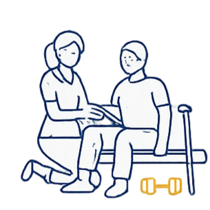 Medical professional assisting an elderly patient with exercises, seated on a bench with a cane nearby and a dumbbell.