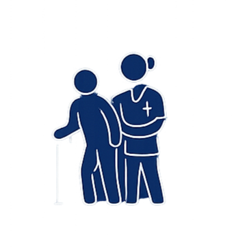 Two healthcare professionals, one with a stethoscope, assisting a patient with a cane, in a medical setting.