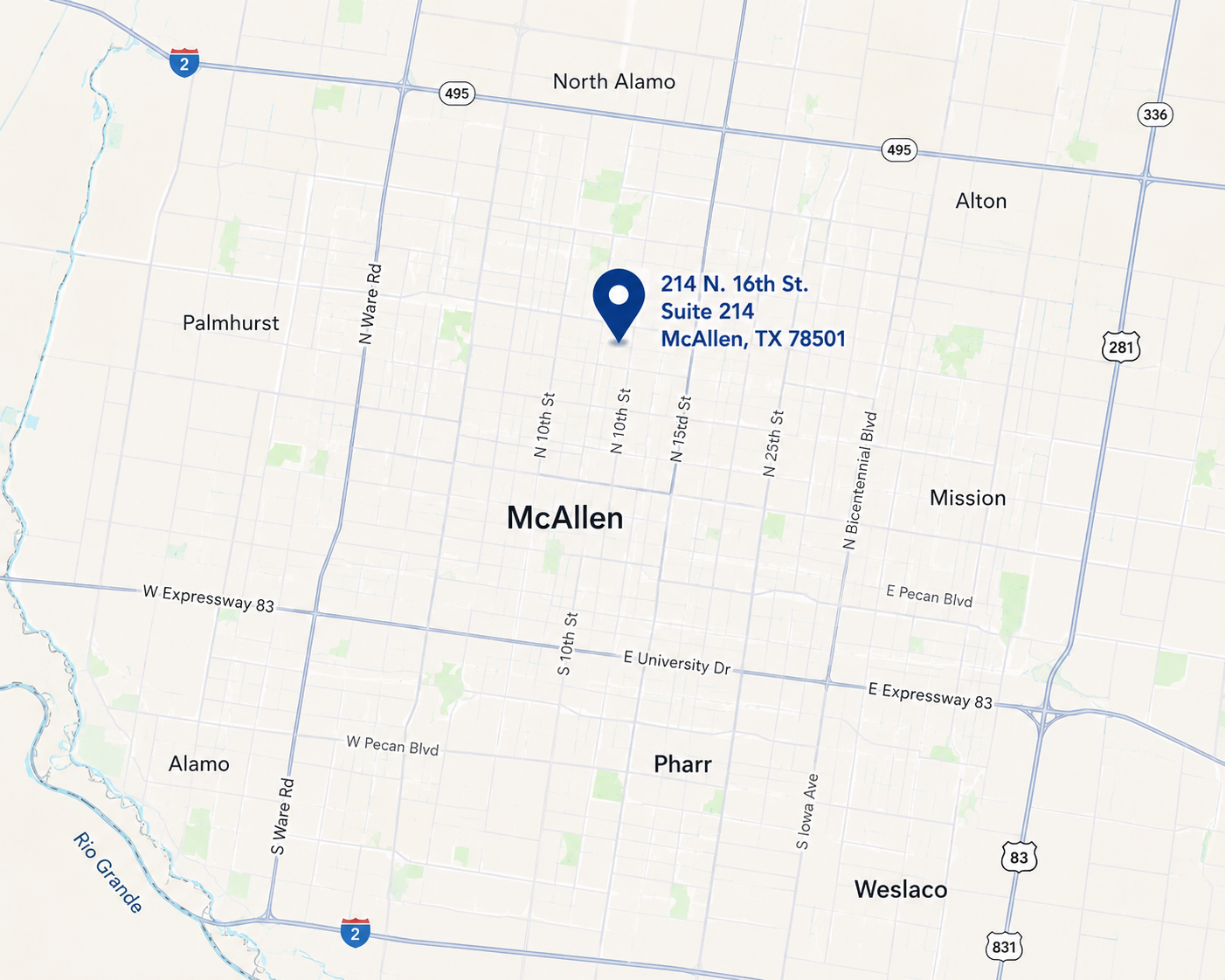 Map showing the location of 214 N. 16th St., Suite 214, McAllen, TX 78501, marked with a blue pin. Surrounding streets and nearby cities such as Alamo, Weslaco, and Mission are visible.