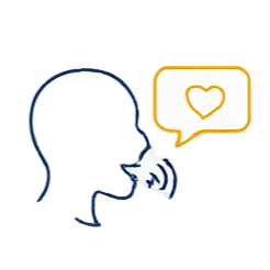 Outline of a person speaking into a microphone with a speech bubble containing a heart symbol.