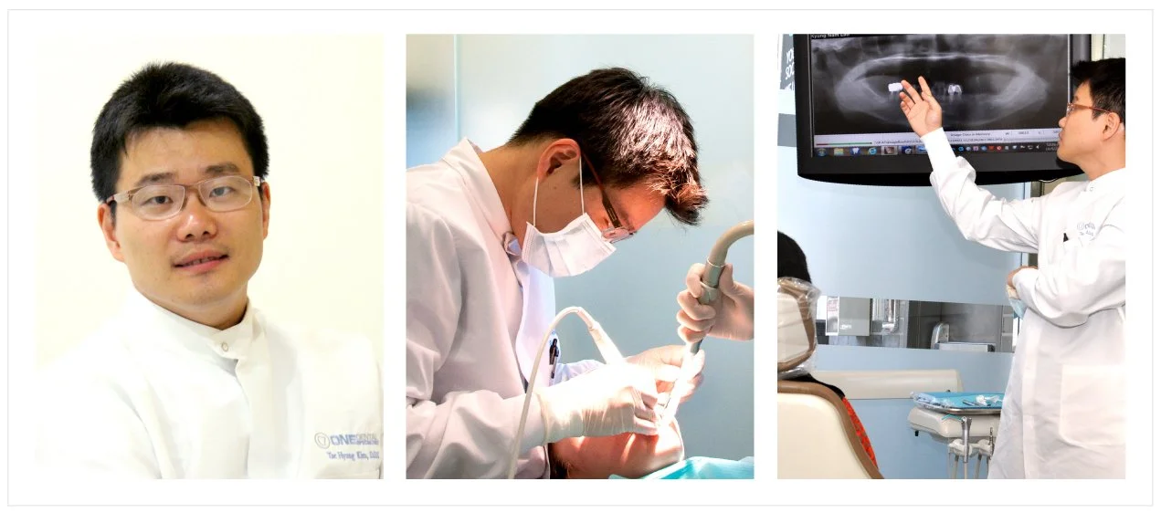 Sequence of three photos showing dentists performing dental procedures. The first is a portrait of a male dentist wearing glasses and a white coat. The second shows a dentist wearing glasses, a mask, and gloves working in a patient's mouth with dental tools. The third features a dentist explaining an X-ray on a display screen to a patient seated in the dental chair.