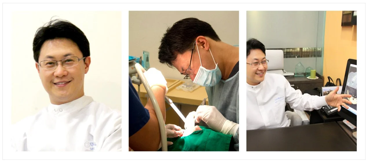 A collage of three images: a smiling man in glasses and white medical coat, a dentist performing a dental procedure, and the same man reviewing dental X-rays on a computer.